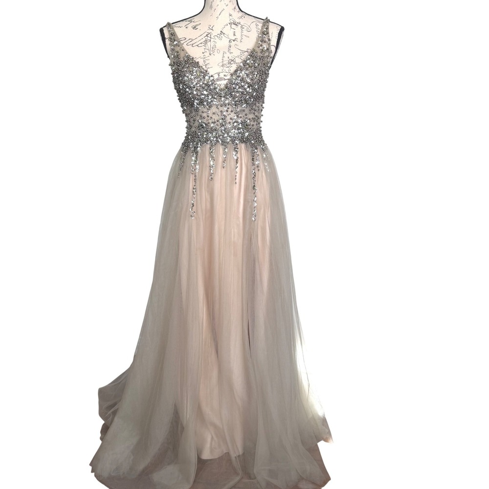 GB Gianni Bini Champagne Silver Beaded Tulle Prom Gown Formal‎ Dress Sz 9